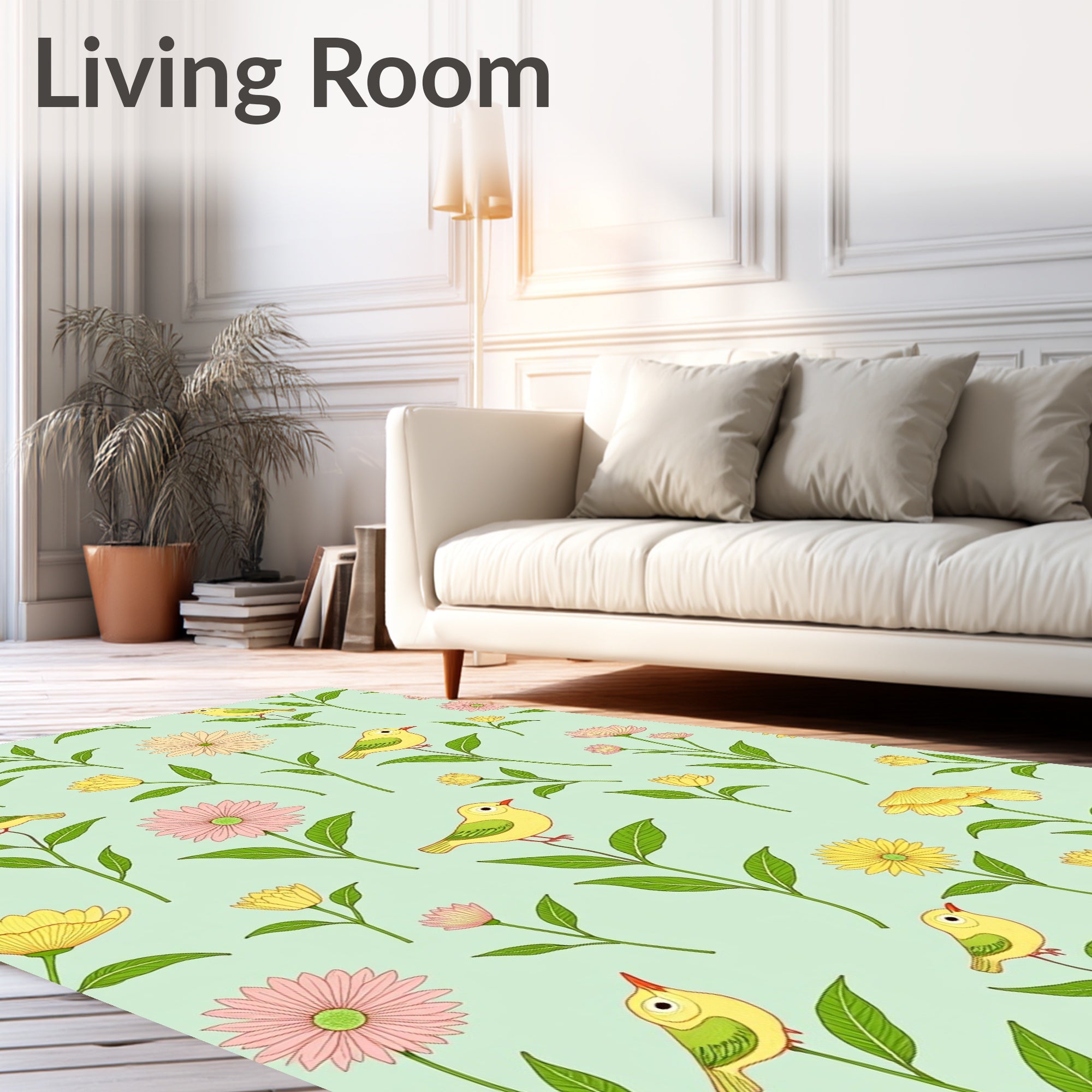 Yellow Birds Among Pink and Yellow Flowers Rug