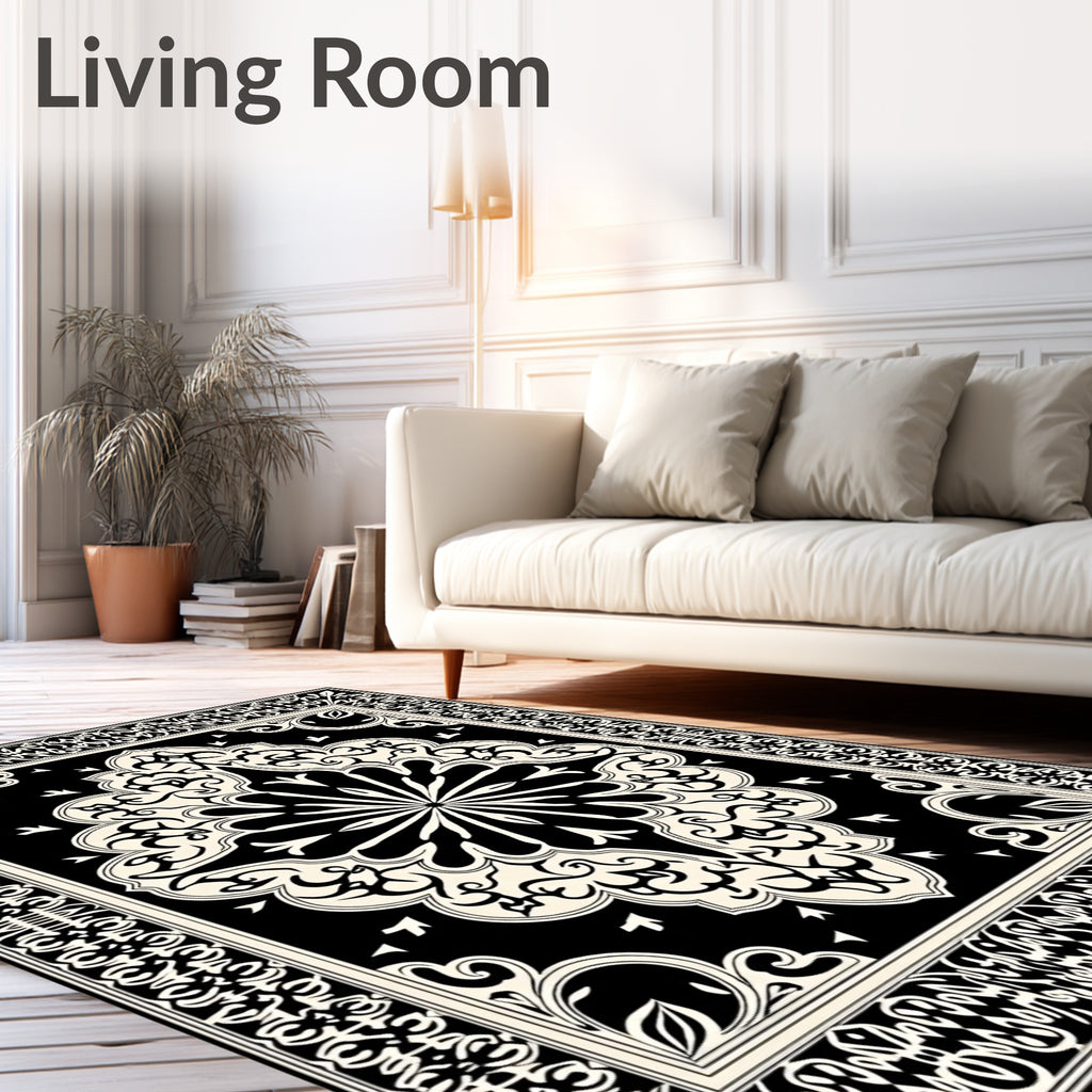 Black Cream Ornate Mandala Border Rug