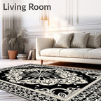 Black Cream Ornate Mandala Border Rug