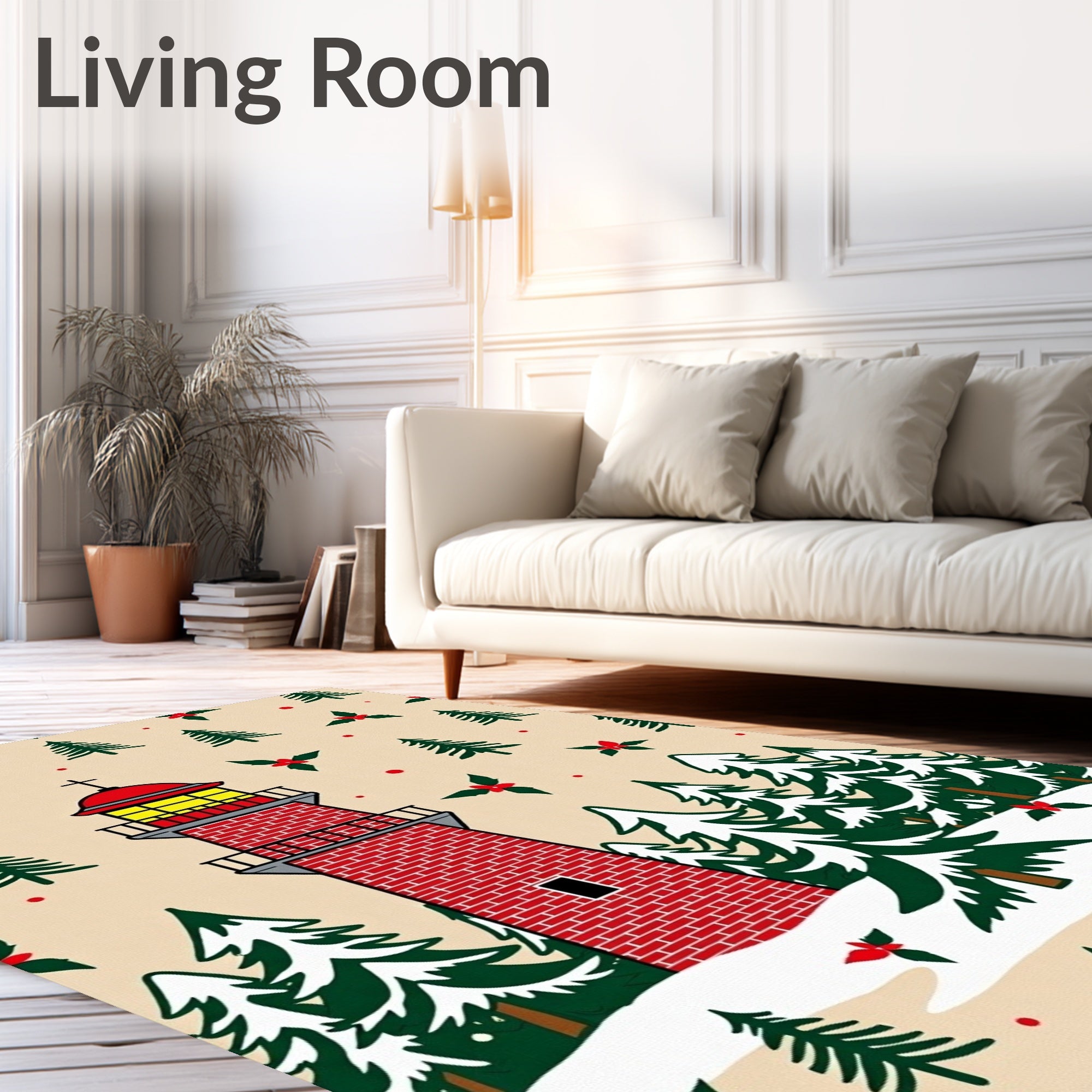Festive Red Lighthouse Pine Snow Scene Rug