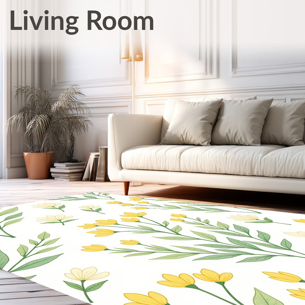 Delicate Yellow Flower Green Leaf Branch Rug