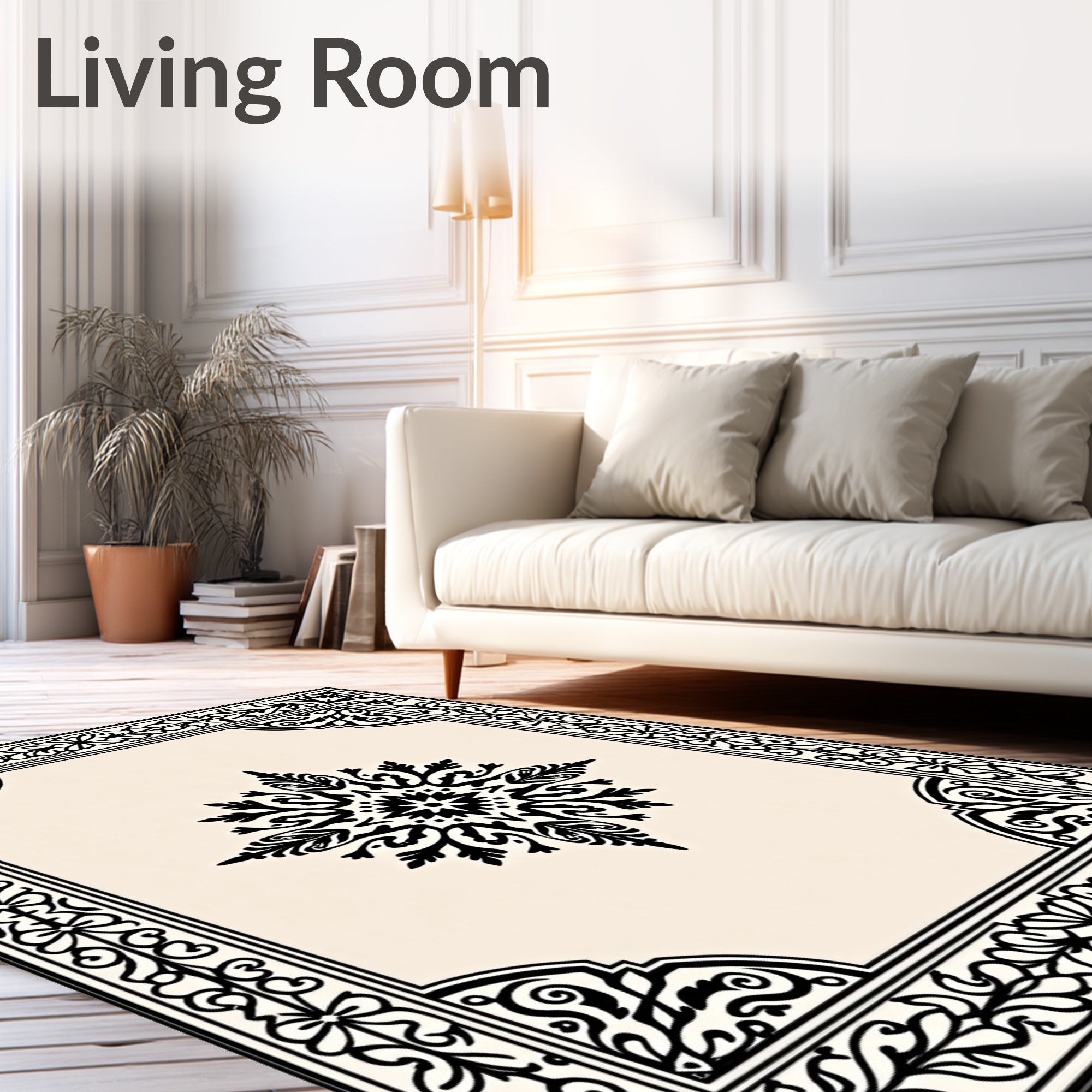 Black Ivory Ornate Medallion Frame Rug