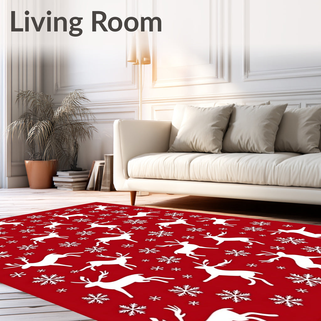 Bold Red White Reindeer Snowflakes Rug