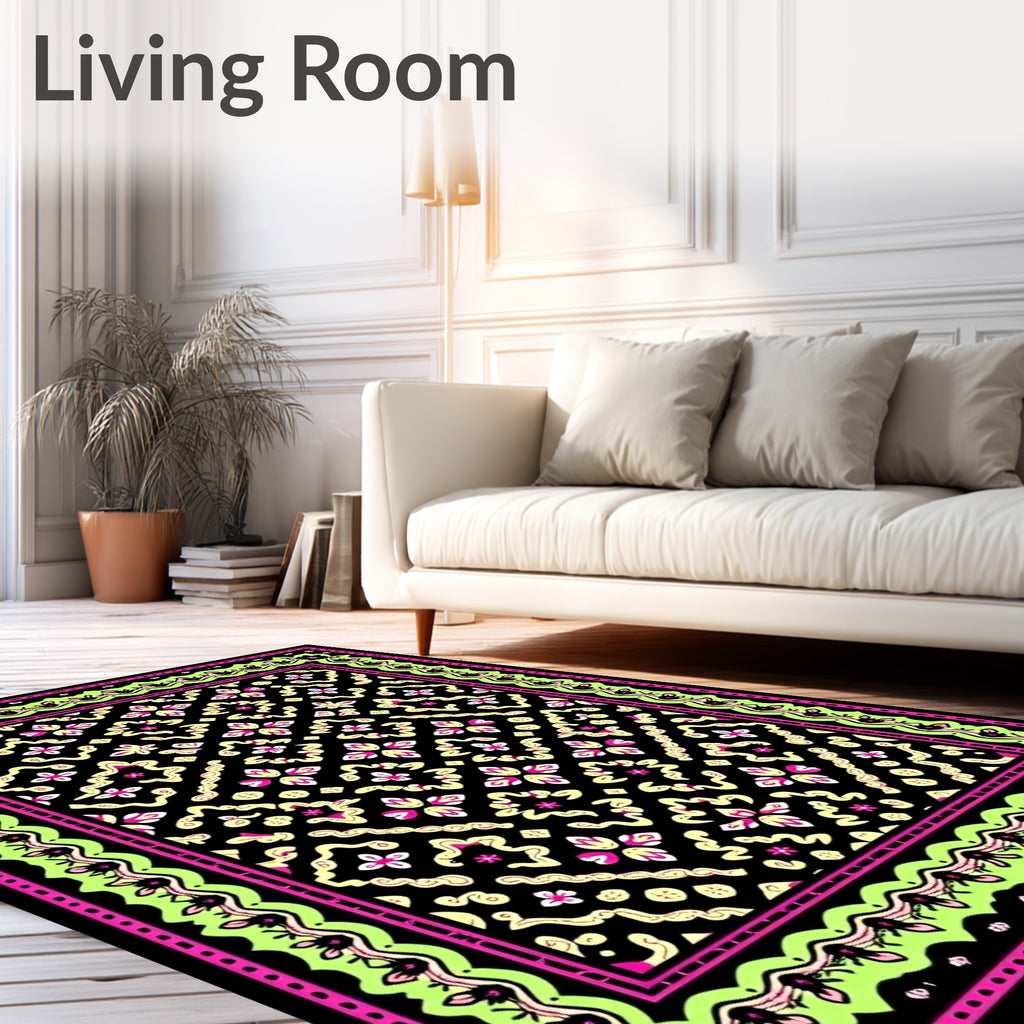 Vibrant Pink Black Floral Medallion Rug