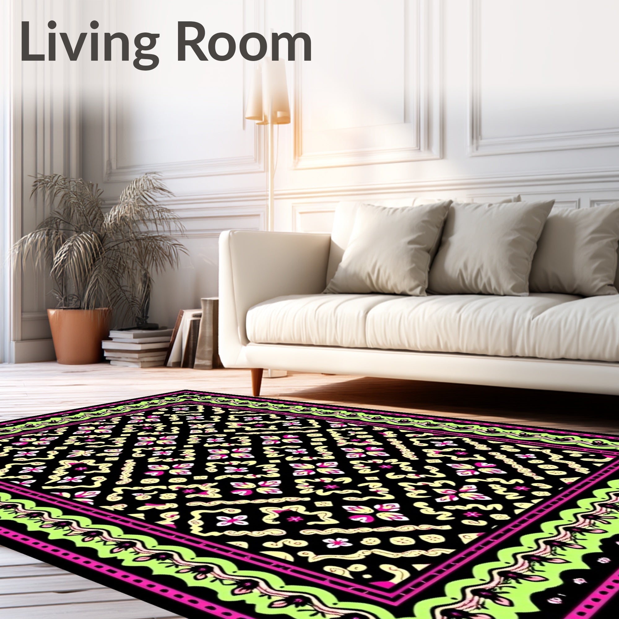 Vibrant Pink Black Floral Medallion Rug