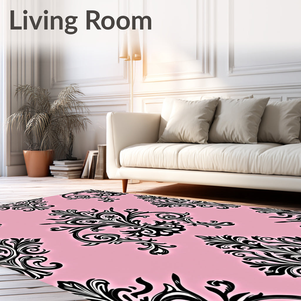 Elegant Pink Black Flourish Swirl Rug