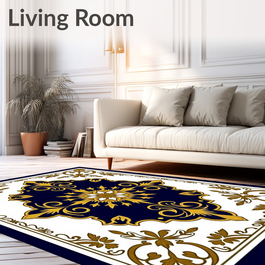 Ornate Navy Gold Floral Medallion Rug