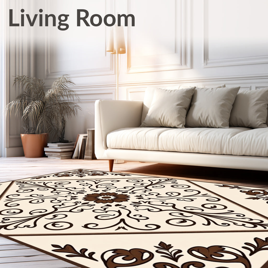Cream Brown Floral Arabesque Square Rug