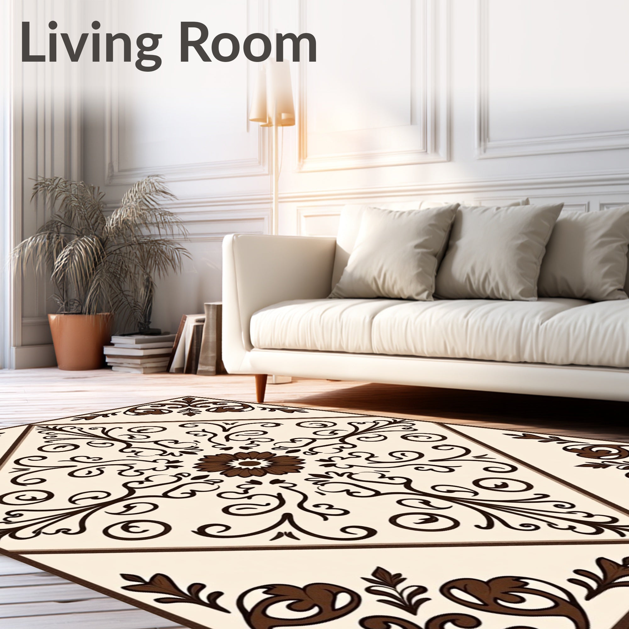 Cream Brown Floral Arabesque Square Rug