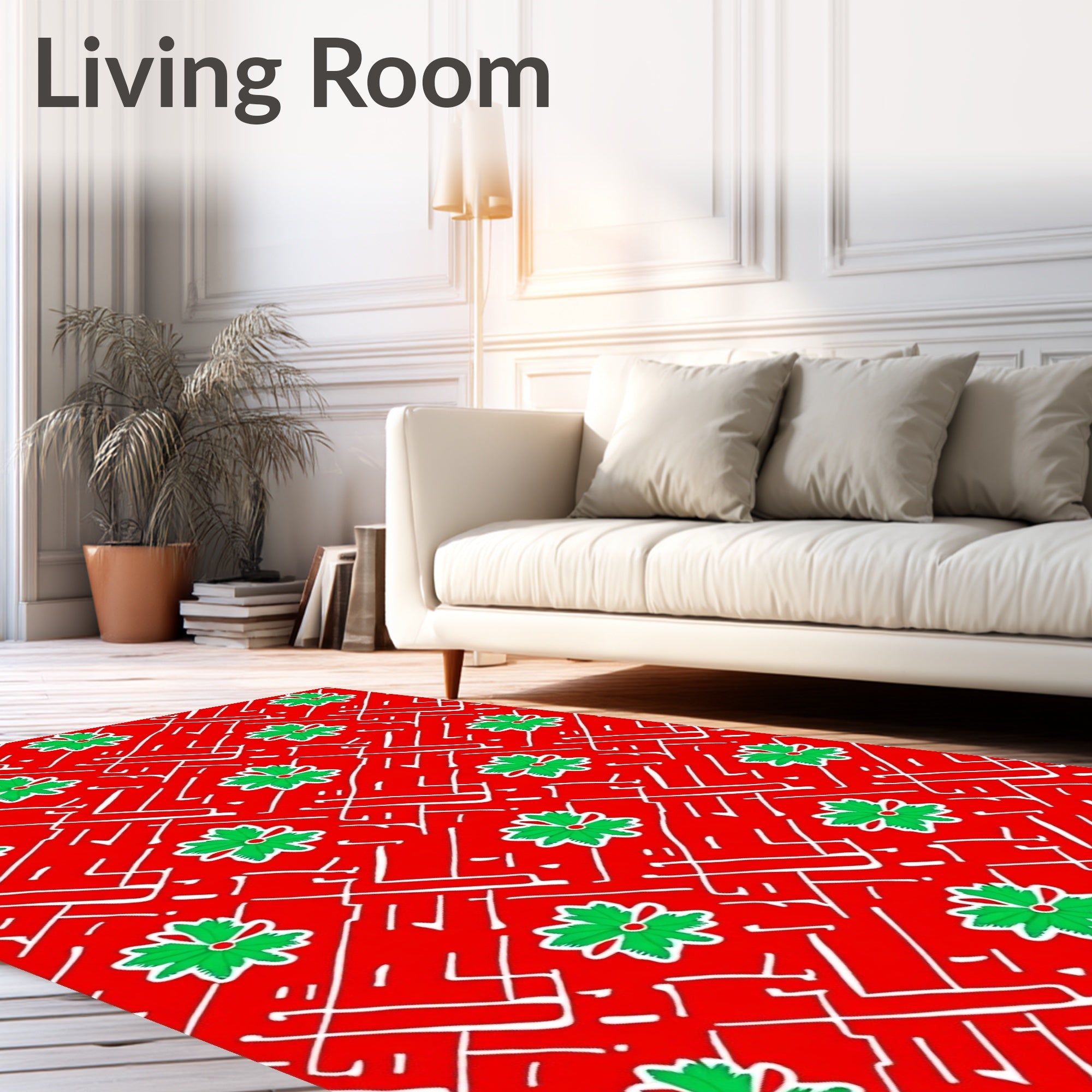 Red Green Floral Geometric Abstract Rug