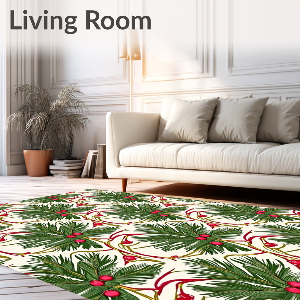 Red Berry Evergreen Branch Repeating Rug