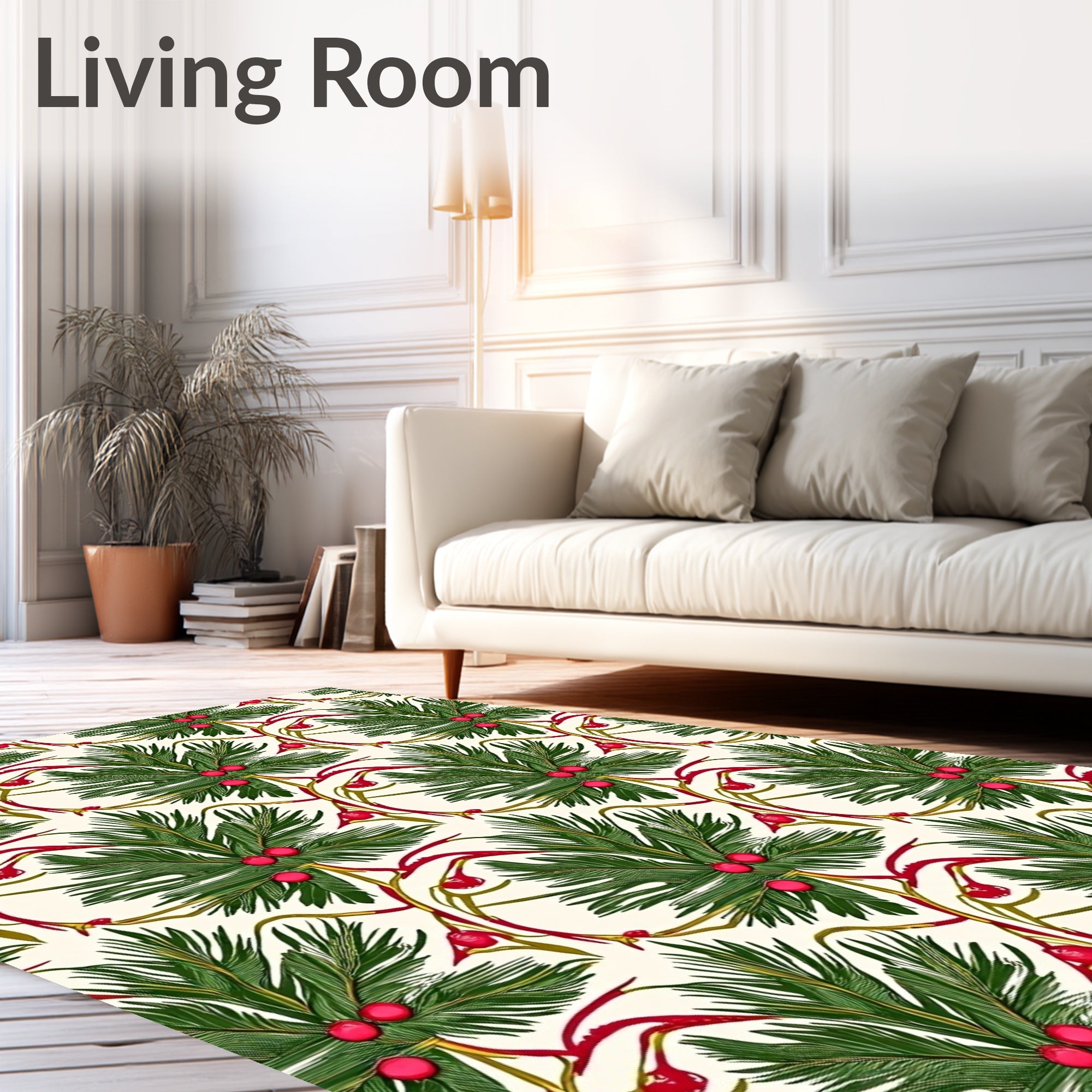 Red Berry Evergreen Branch Repeating Rug