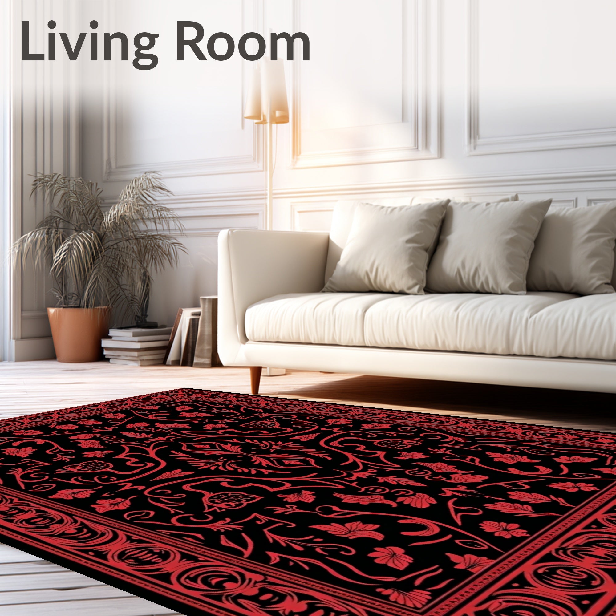 Rich Red Floral Scroll Border Rug