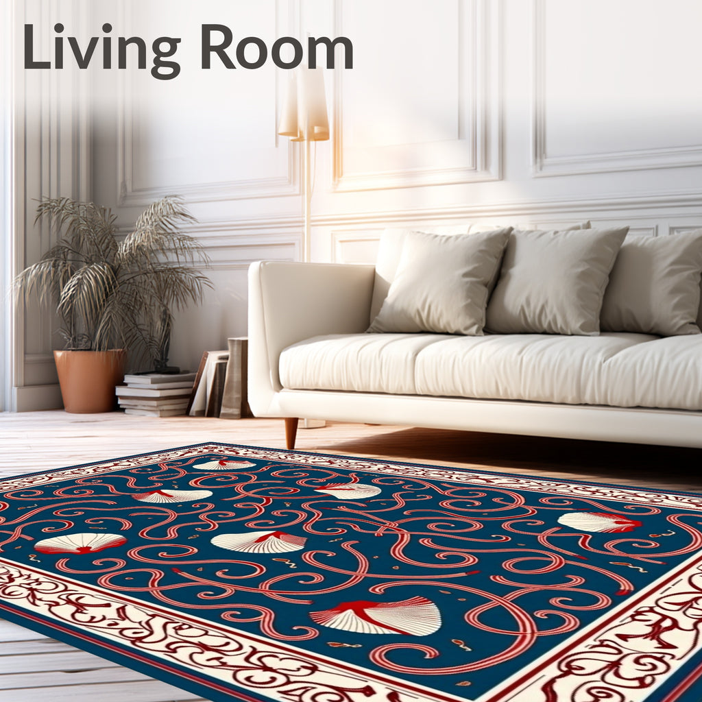 Deep Blue Red Seashell Scroll Rug