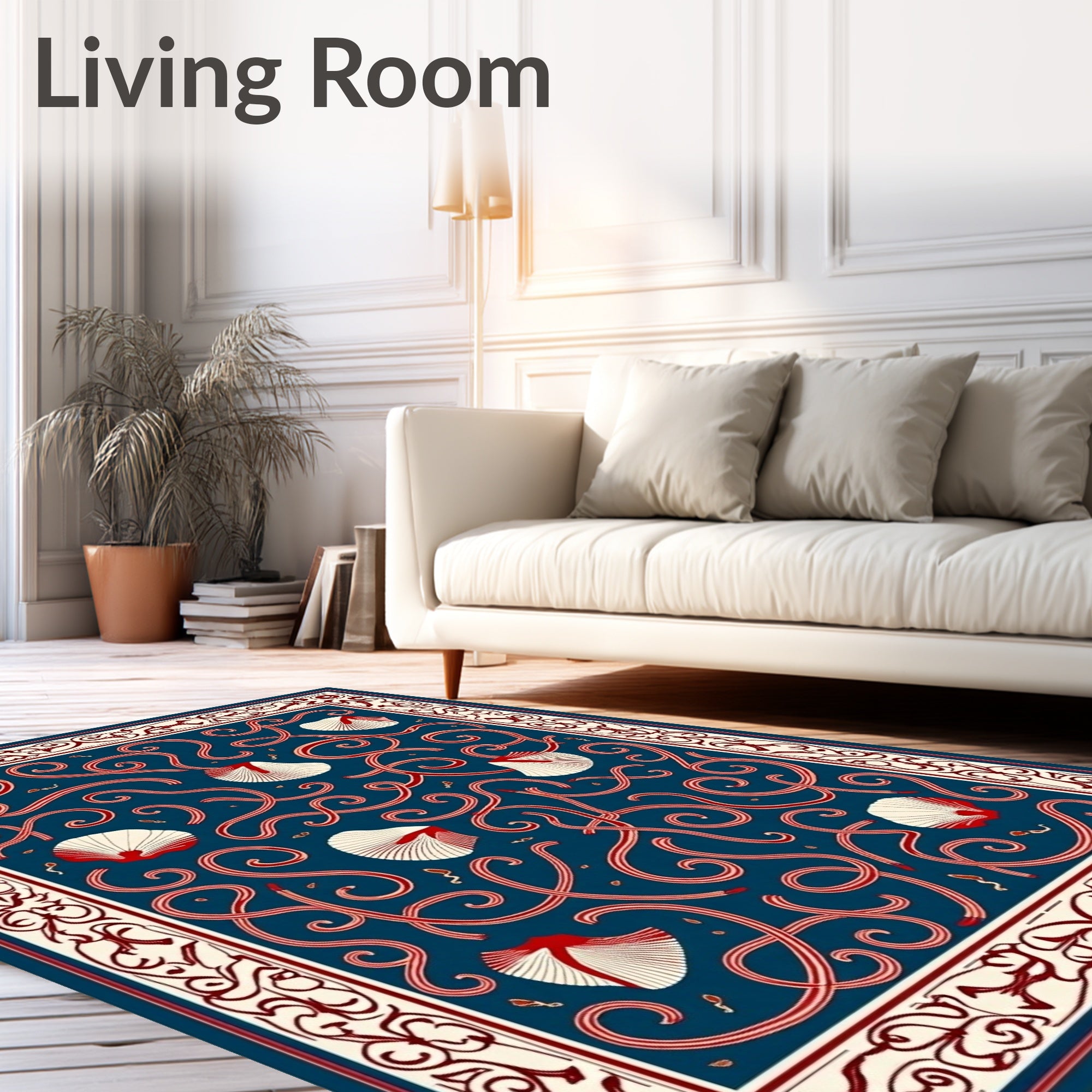 Deep Blue Red Seashell Scroll Rug
