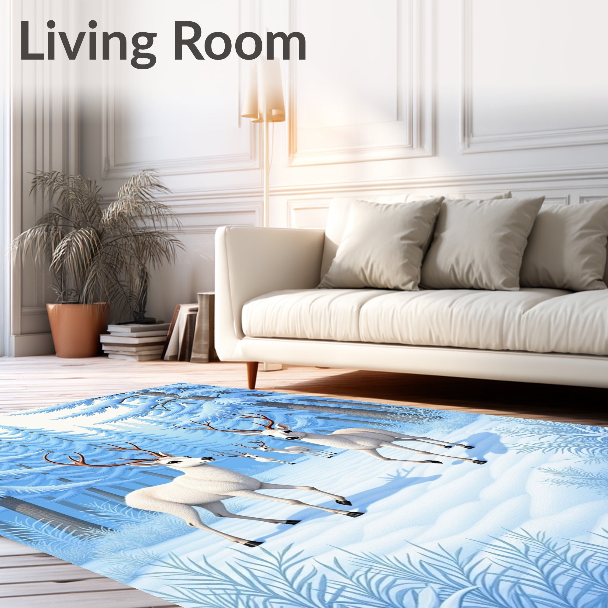 White Deer In Snowy Forest Scene Rug