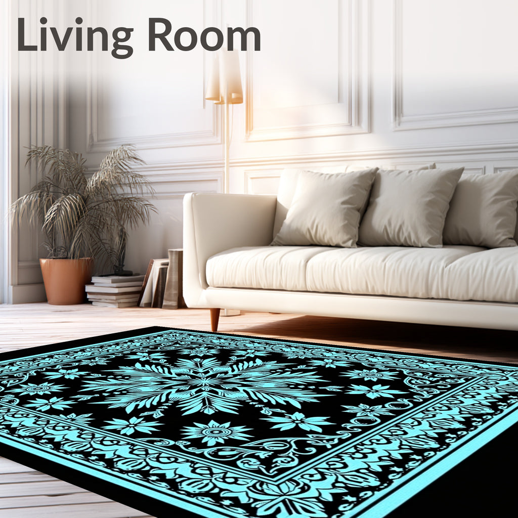 Aqua Black Floral Medallion Border Rug