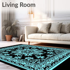 Aqua Black Floral Medallion Border Rug