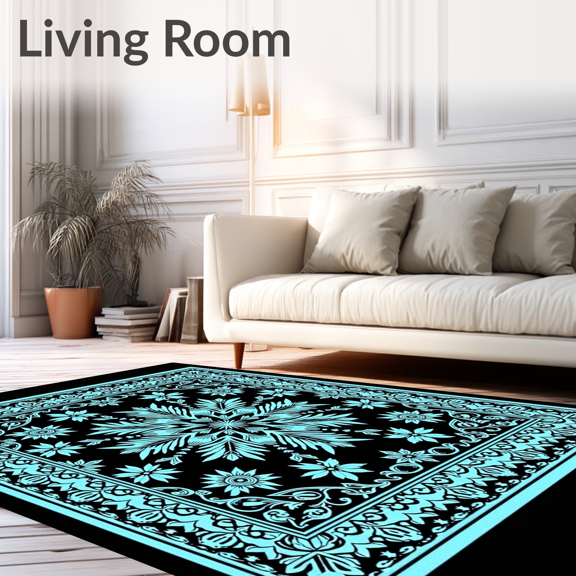 Aqua Black Floral Medallion Border Rug
