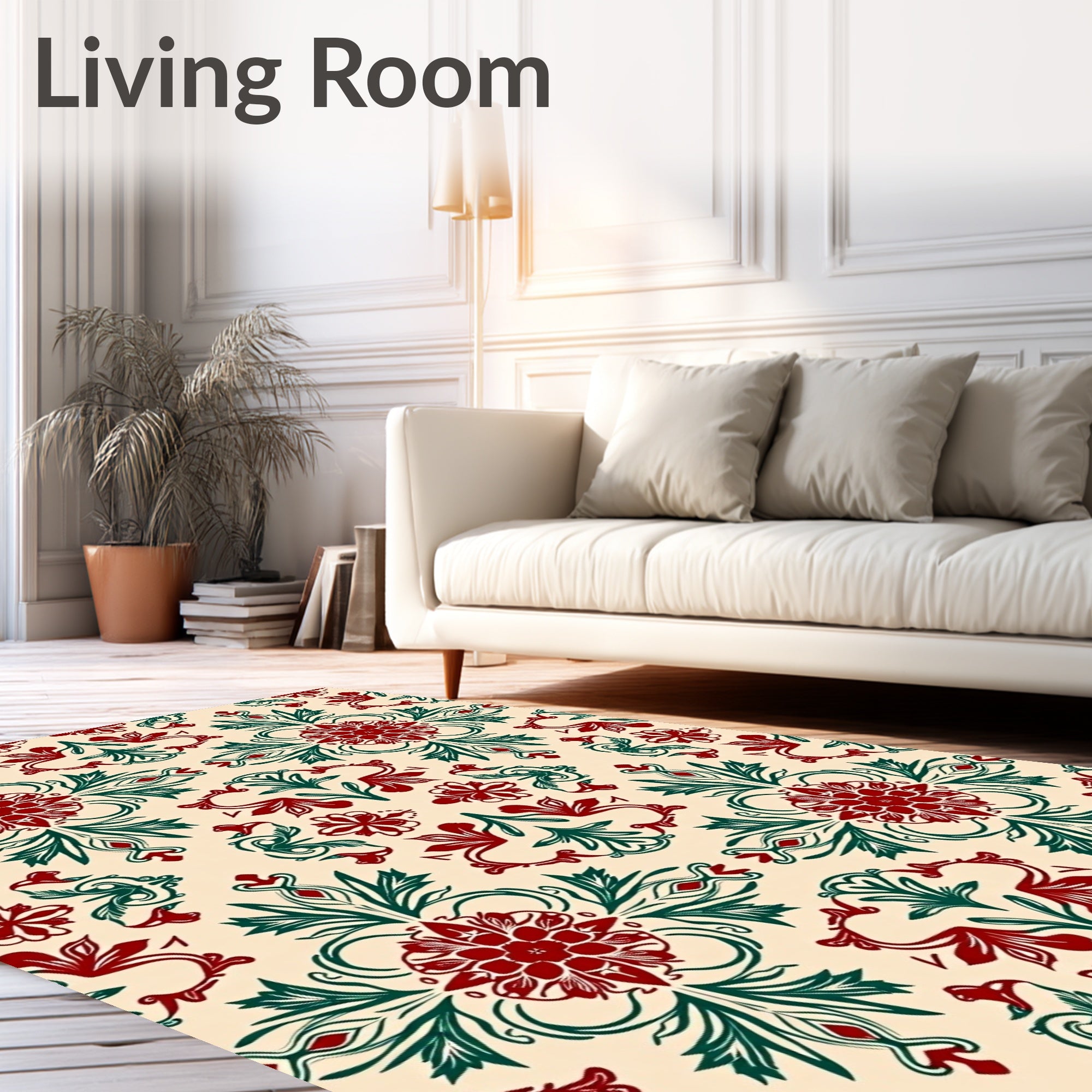 Crimson Green Floral Medallion Damask Rug