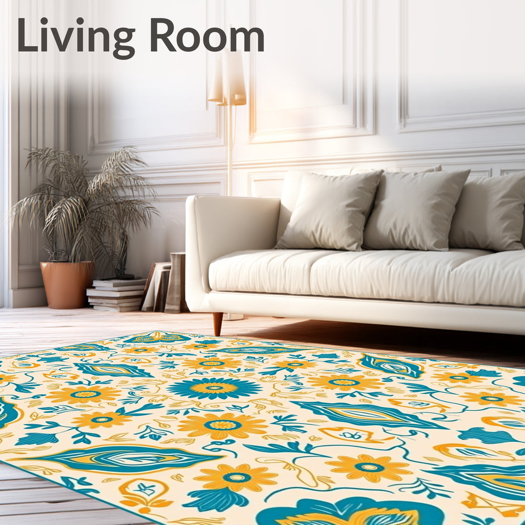 Teal Ochre Floral Mirror Medallion Rug