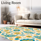 Teal Ochre Floral Mirror Medallion Rug
