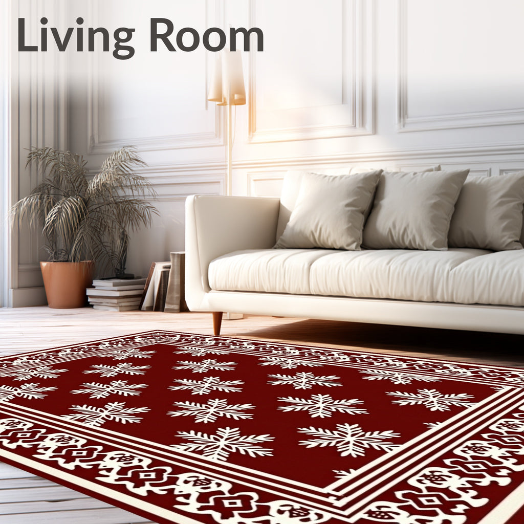 Deep Red Snowflakes Ornate Border Rug