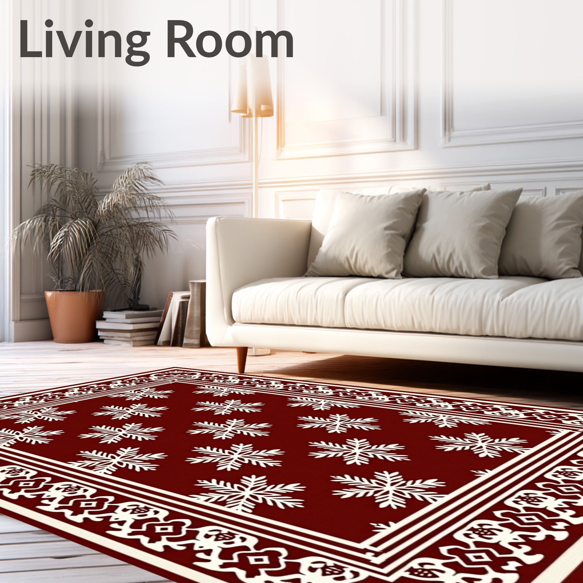 Deep Red Snowflakes Ornate Border Rug