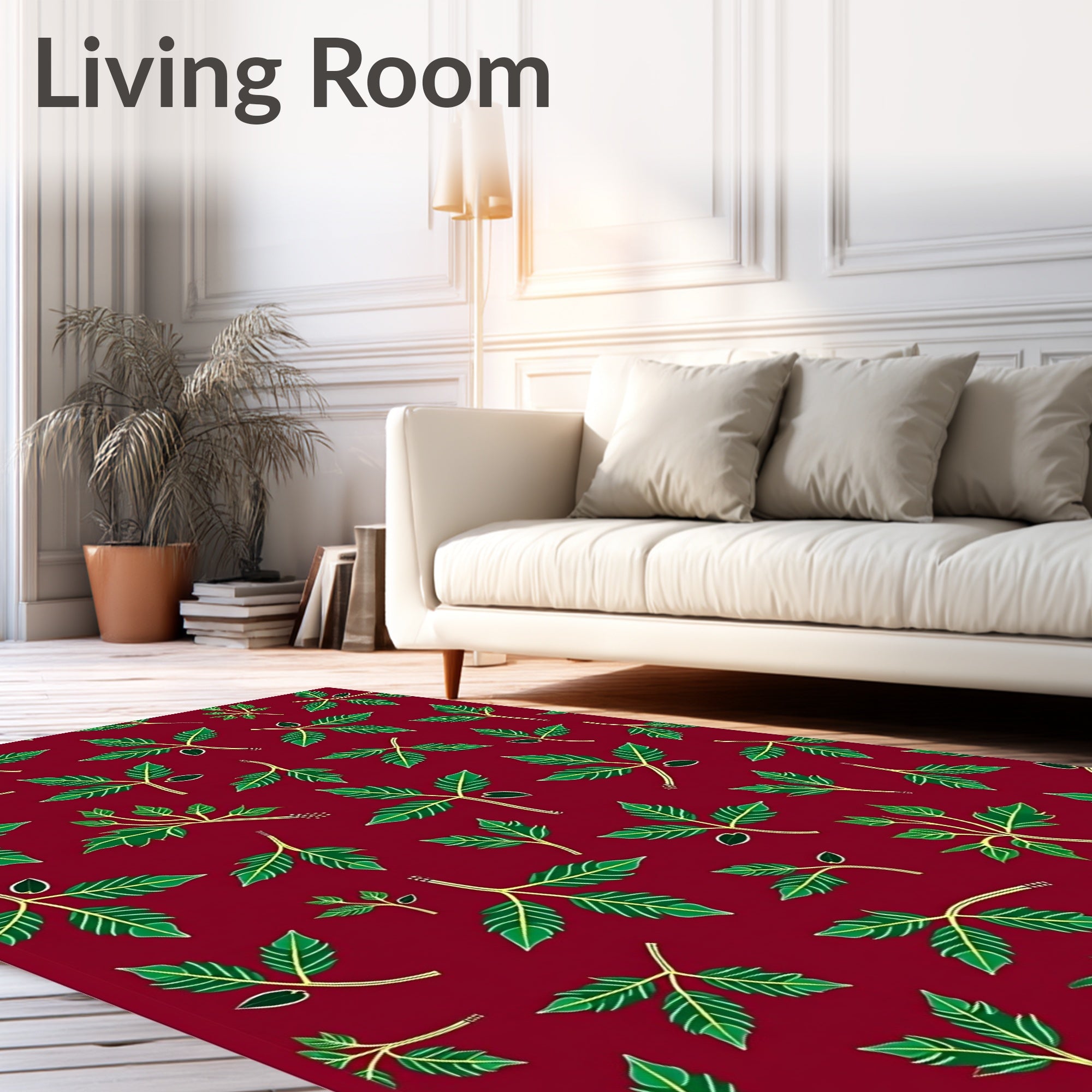 Deep Red Green Leaf Branch Cover Rug