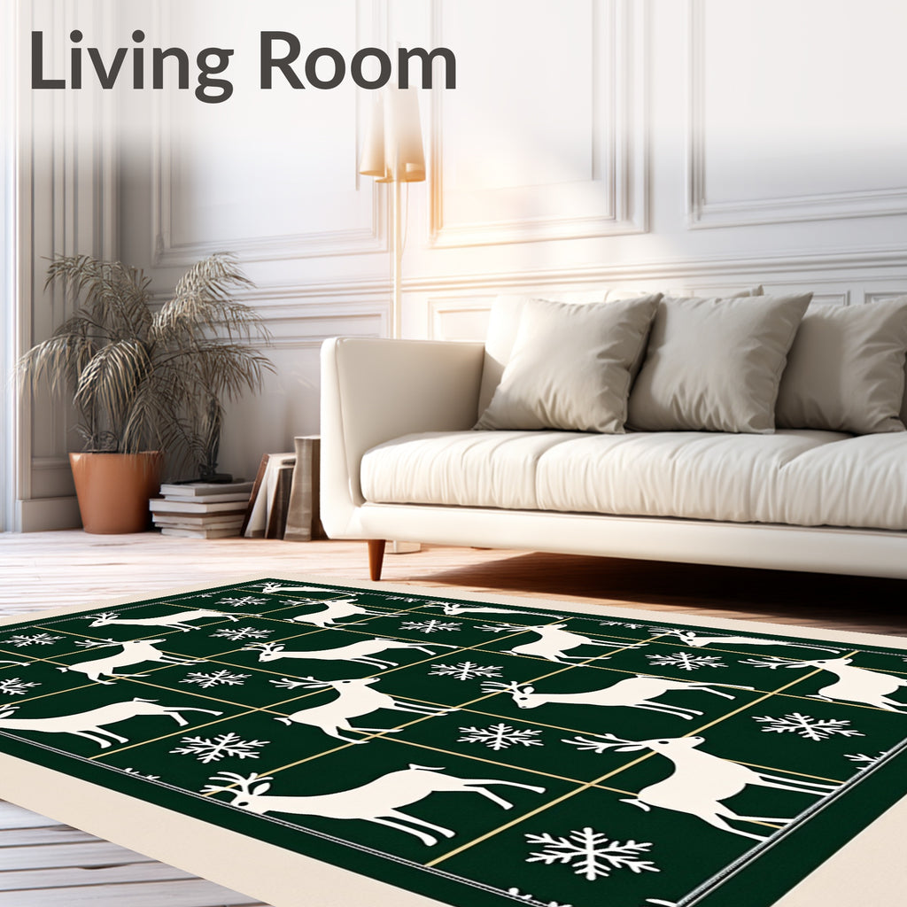 White Deer Snowflake Grid Dark Green Rug