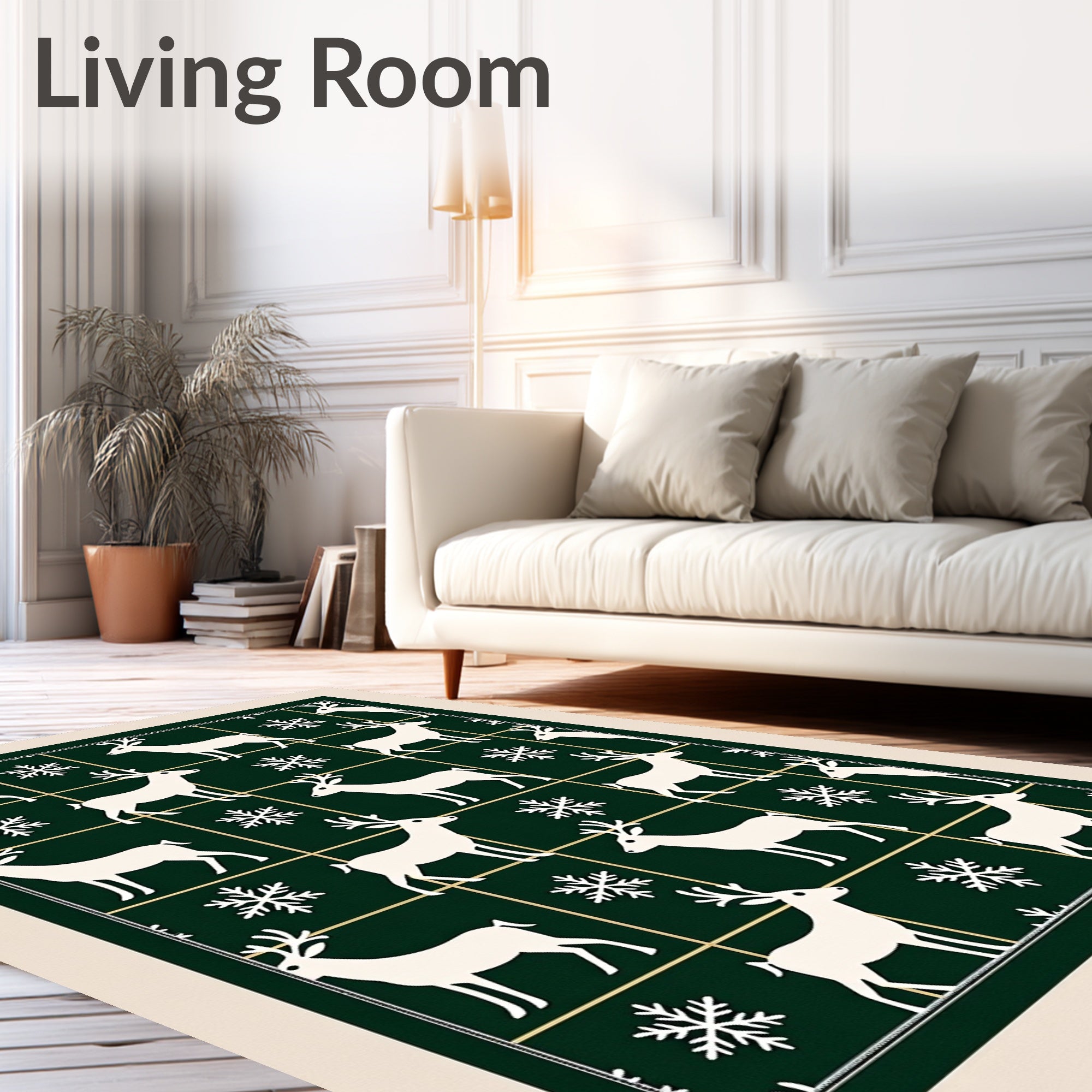 White Deer Snowflake Grid Dark Green Rug