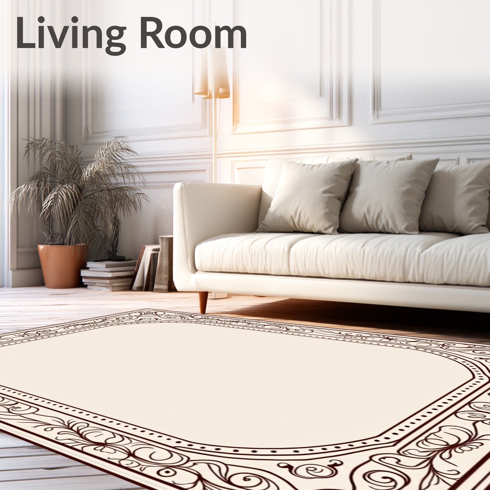 Ornate Dark Brown Floral Border Rug