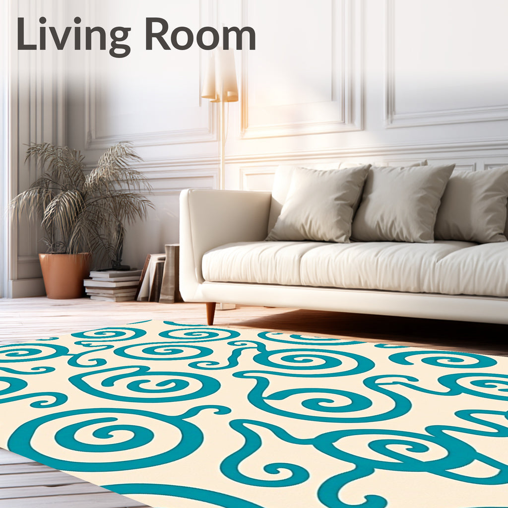 Teal Swirl Cream Abstract Organic Rug