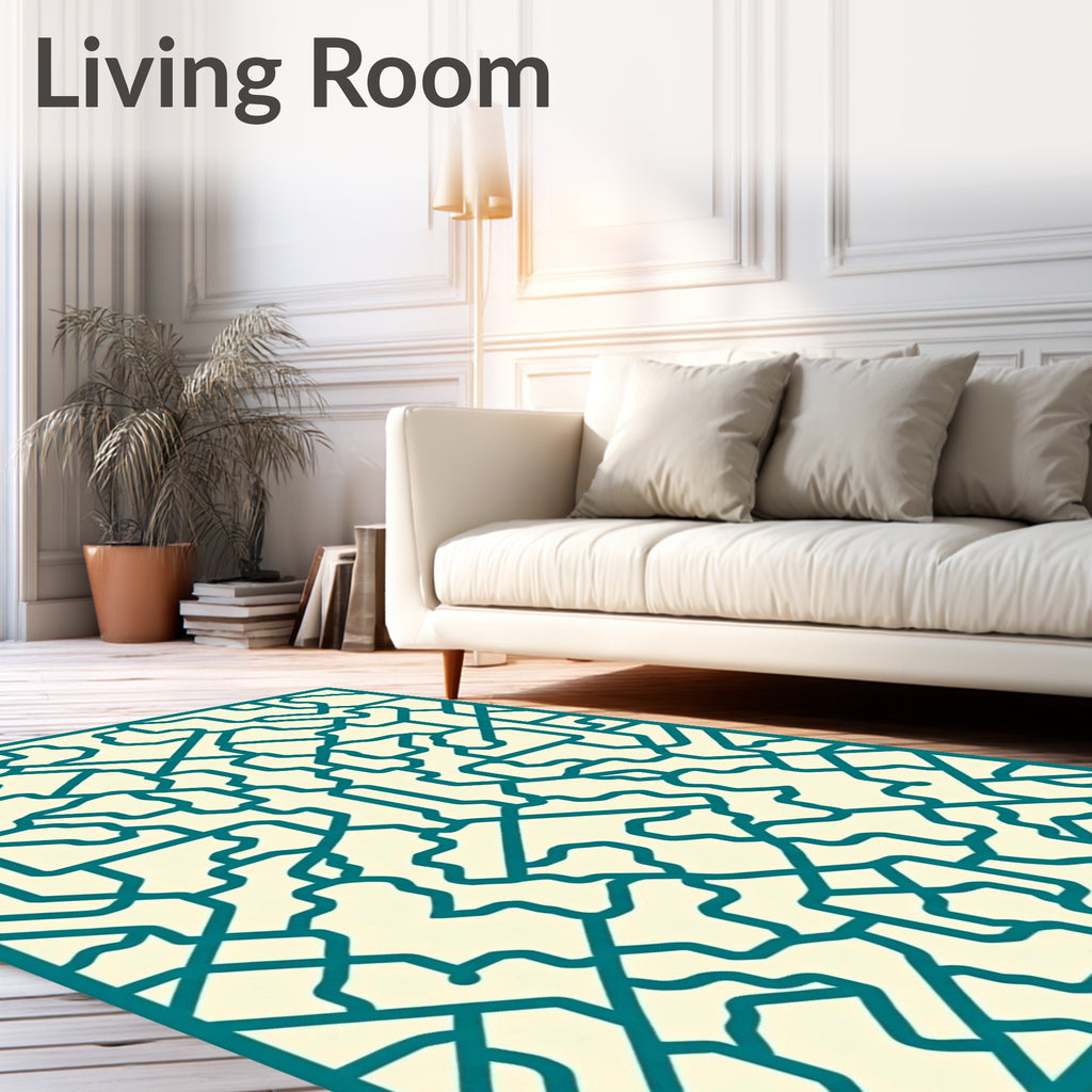 Teal Cream Interlocking Geometric Lattice Rug