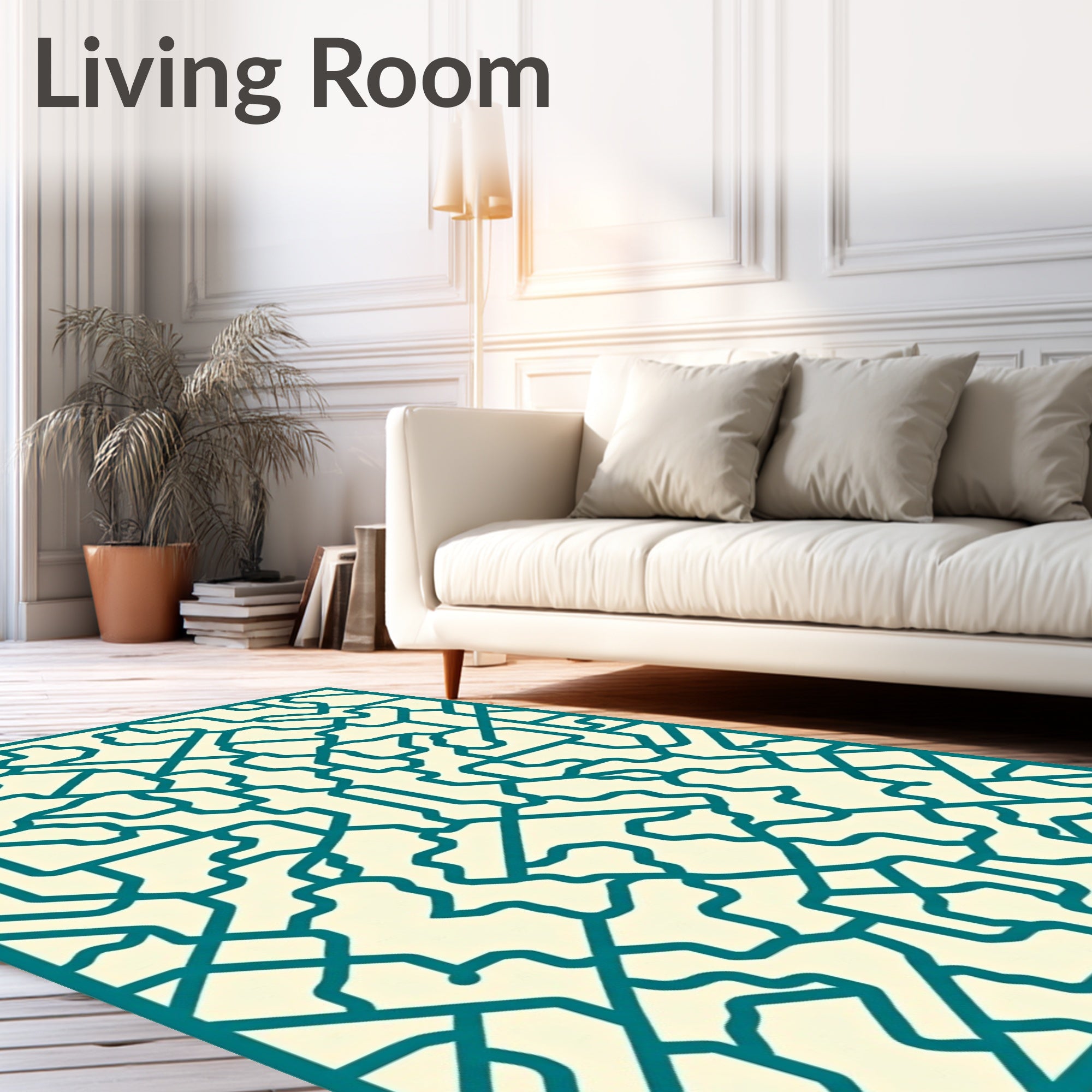 Teal Cream Interlocking Geometric Lattice Rug