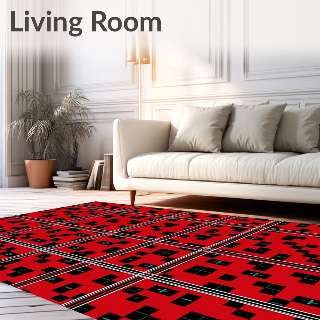 Red Black Geometric Glitch Squares Rug