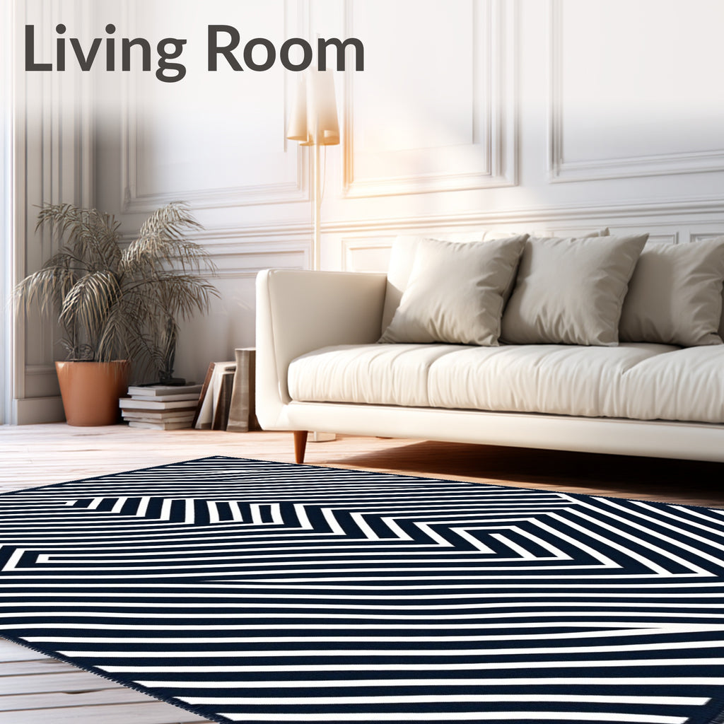 Navy White Geometric Maze Lines Rug