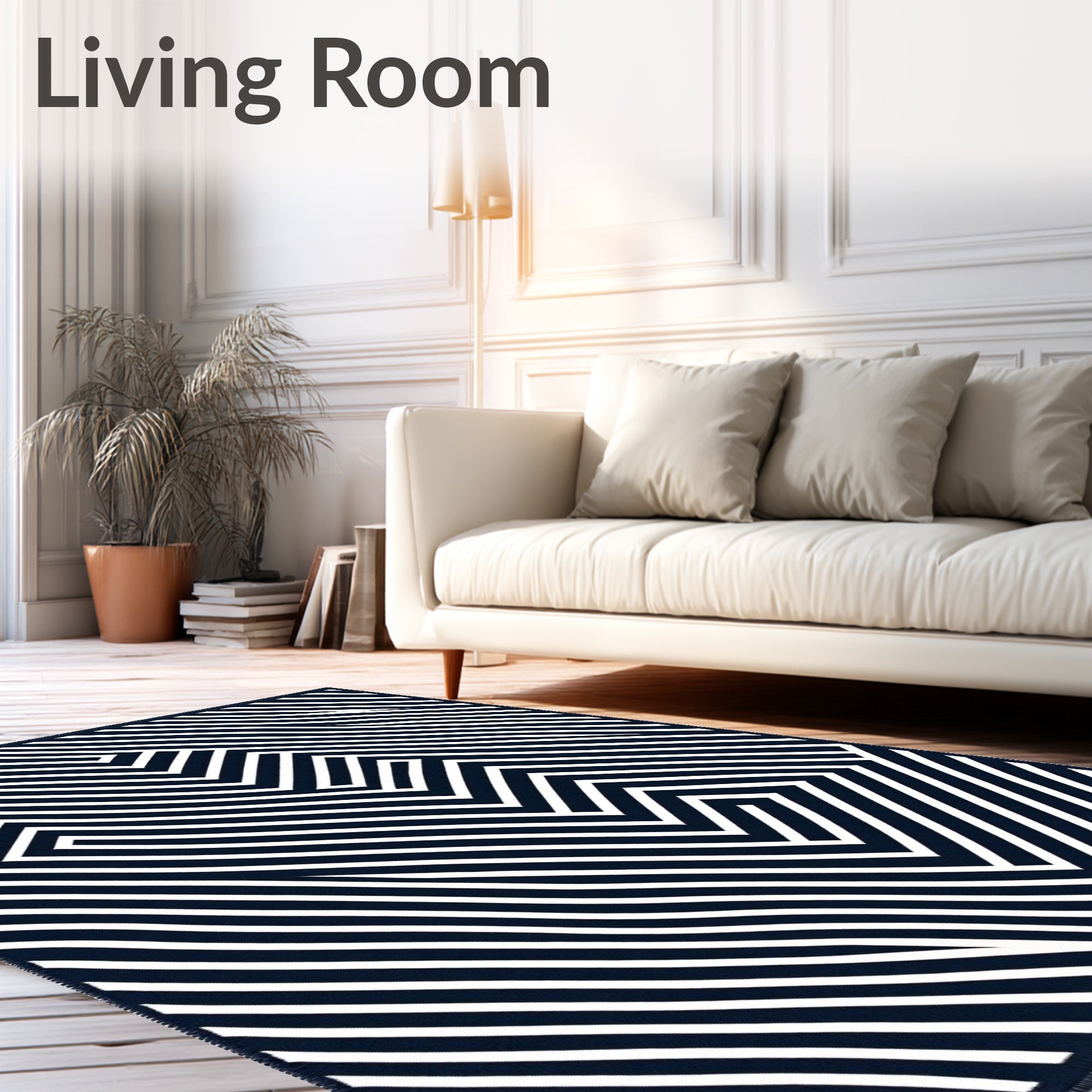 Navy White Geometric Maze Lines Rug