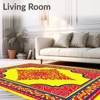 Vibrant Red Sunburst Yellow Medallion Border Rug