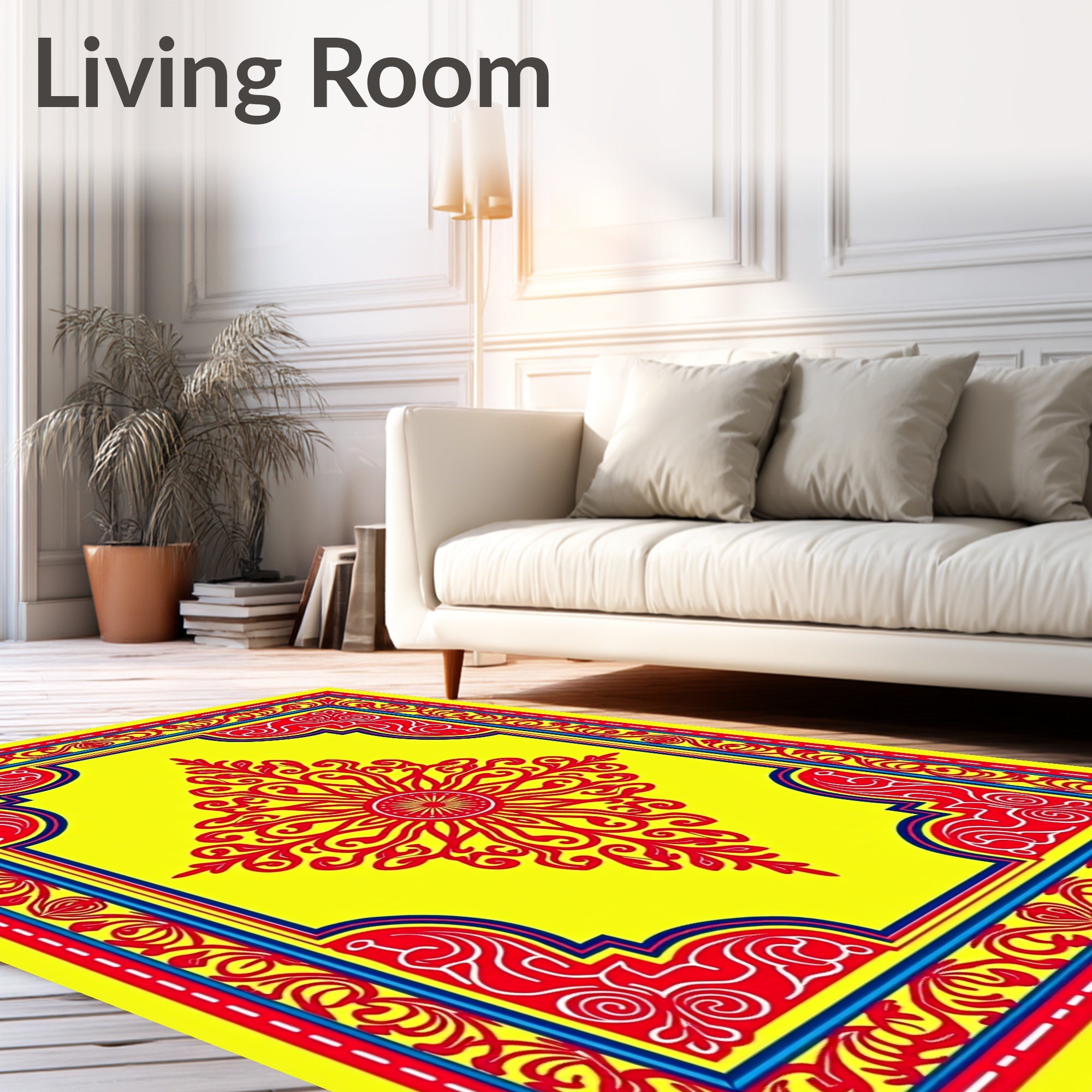Vibrant Red Sunburst Yellow Medallion Border Rug