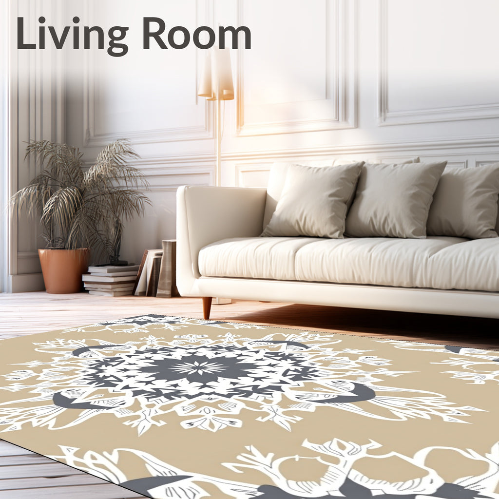 Tan Gray White Ornate Mandala Rug