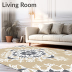 Tan Gray White Ornate Mandala Rug
