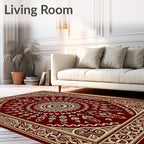 Deep Red Golden Sunburst Medallion Rug