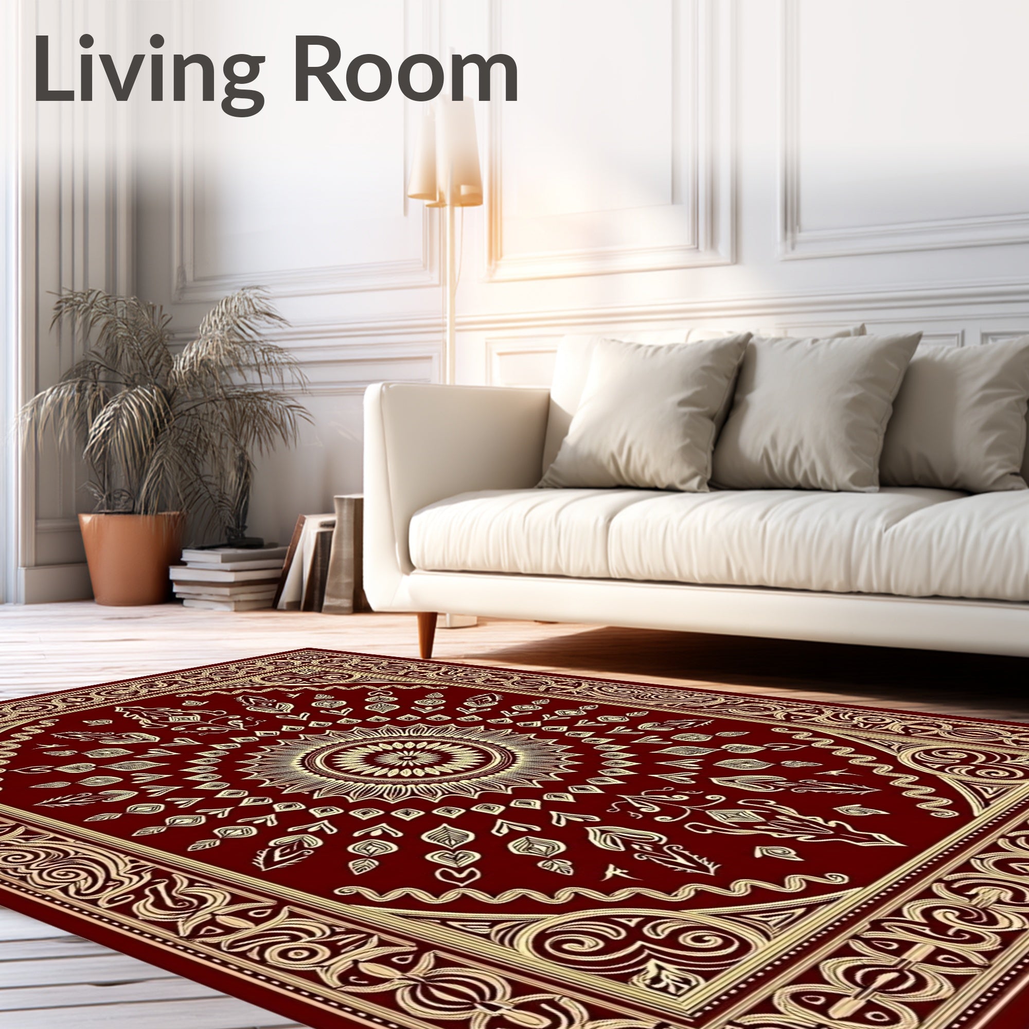 Deep Red Golden Sunburst Medallion Rug