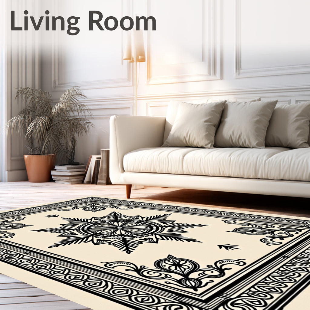 Black And Cream Floral Medallion Border Rug