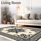 Black And Cream Floral Medallion Border Rug