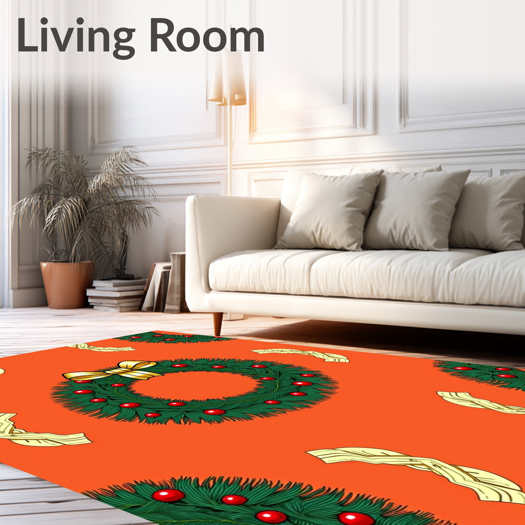 Christmas Wreath Golden Bow Garland Rug