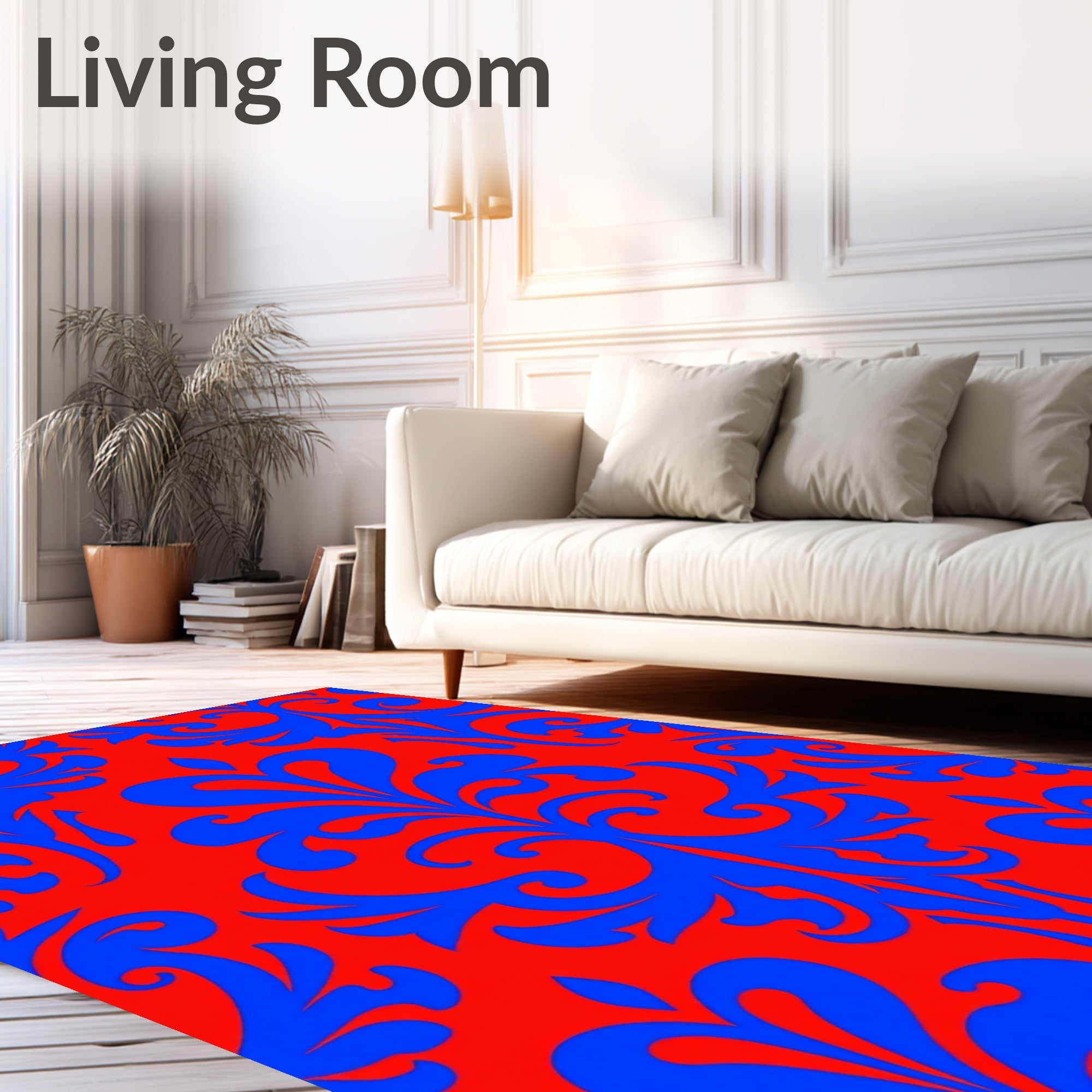 Vibrant Crimson Blue Damask Flourish Rug