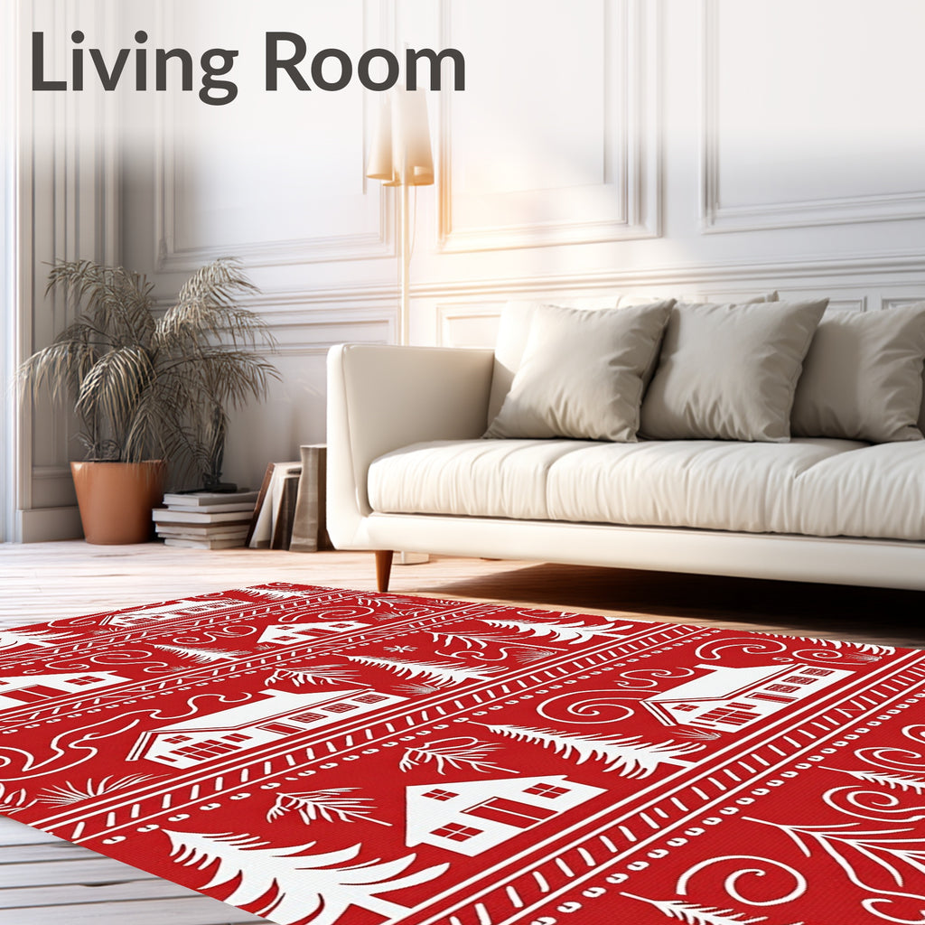 Festive Red White Village Trees Rug