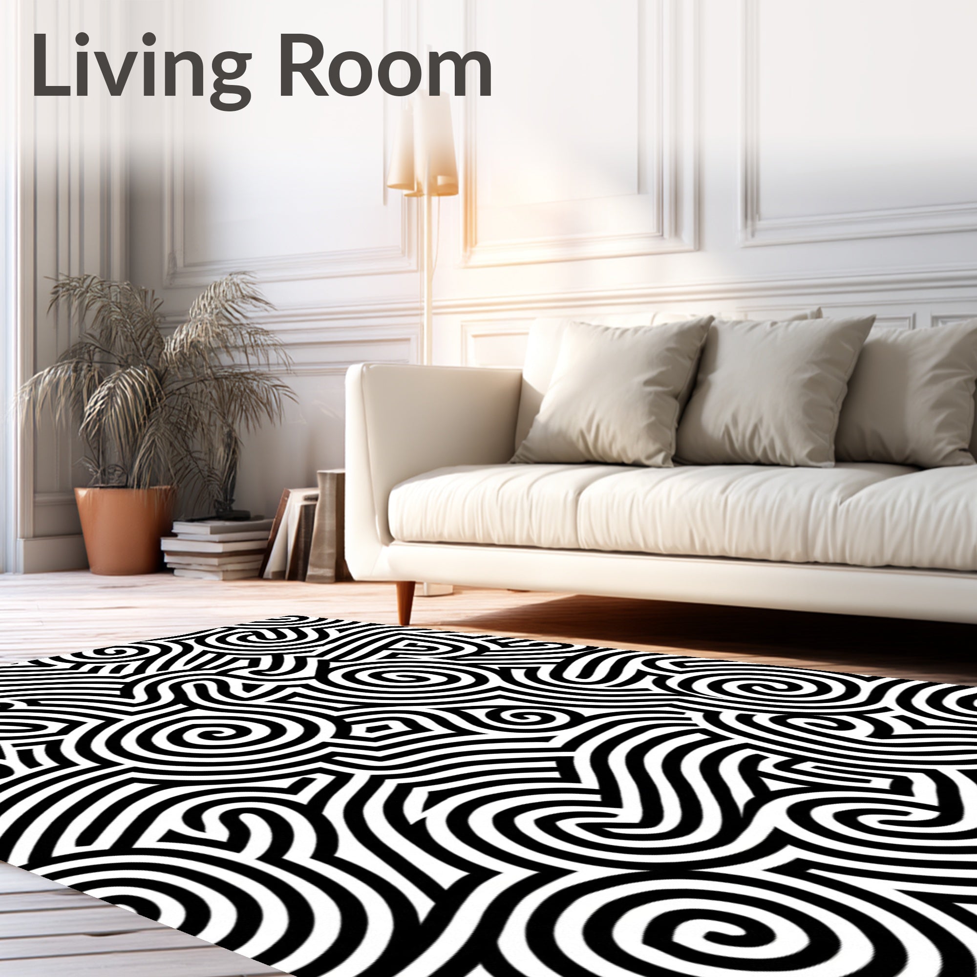 Bold Black White Swirl Maze Rug